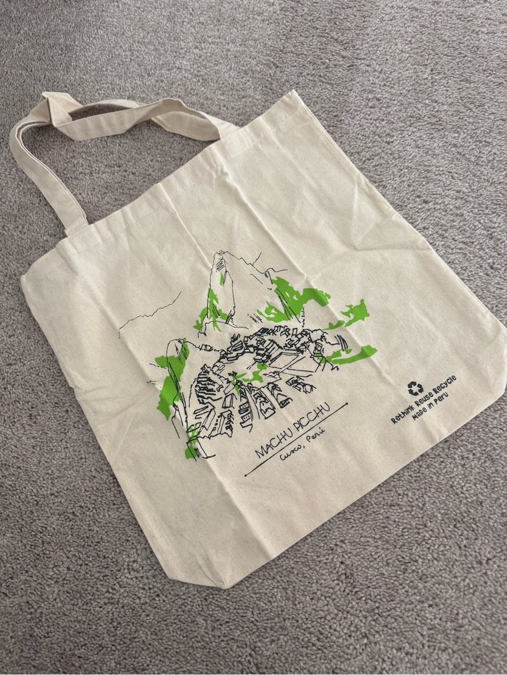 Canvas Machu Picchu Tote Bag in Natural with Green Print